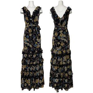Lauren Ralph Lauren Floral Ruffle Trim Georgette Gown Dress 12 Black Western